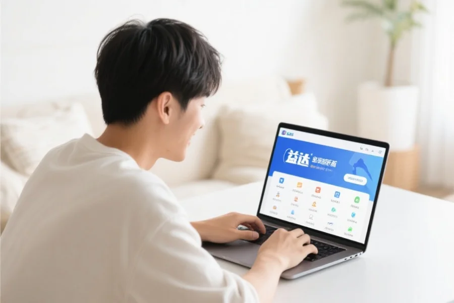 一位年轻用户在明亮舒适的室内环境中愉快地使用笔记本电脑,屏幕上展示欧陆客户端新版界面